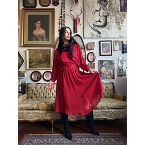 Saint of Goodwill Vintage 70s Red Prairie Dress w Lace Collar Size 8